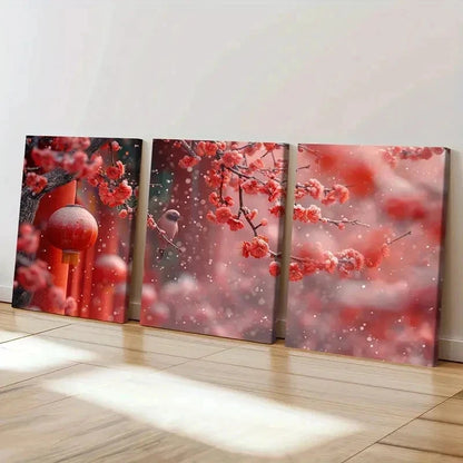 3pcs Red Festive Plum Blossoms Chinese Wall Art Set Canvas Framed 40x60cm - High Quality Print 100% Australian Made Wall Canvas Ready to Hang