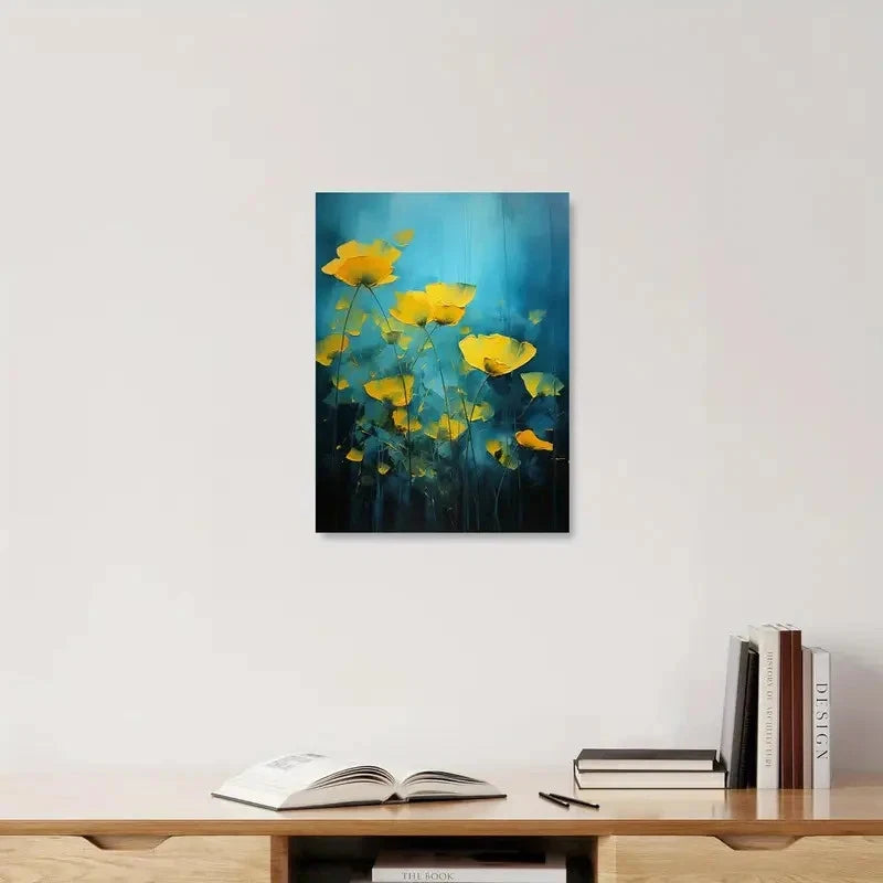 Beautiful Vibrant Floral Abstract Golden Painting 40x60cm Metal Print Ready to Hang