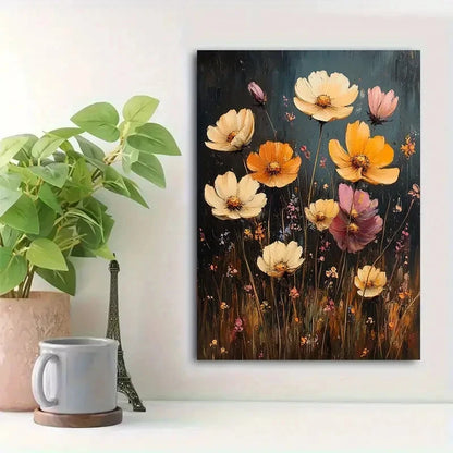 Beautiful Dark Floral Field Of Flowers Painting 40x60cm Metal Print Ready to Hang