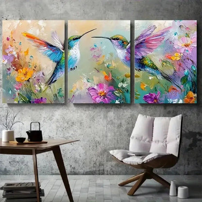 3pcs Colorful Hummingbirds in Blooming Garden Metal Print Ready to Hang Art