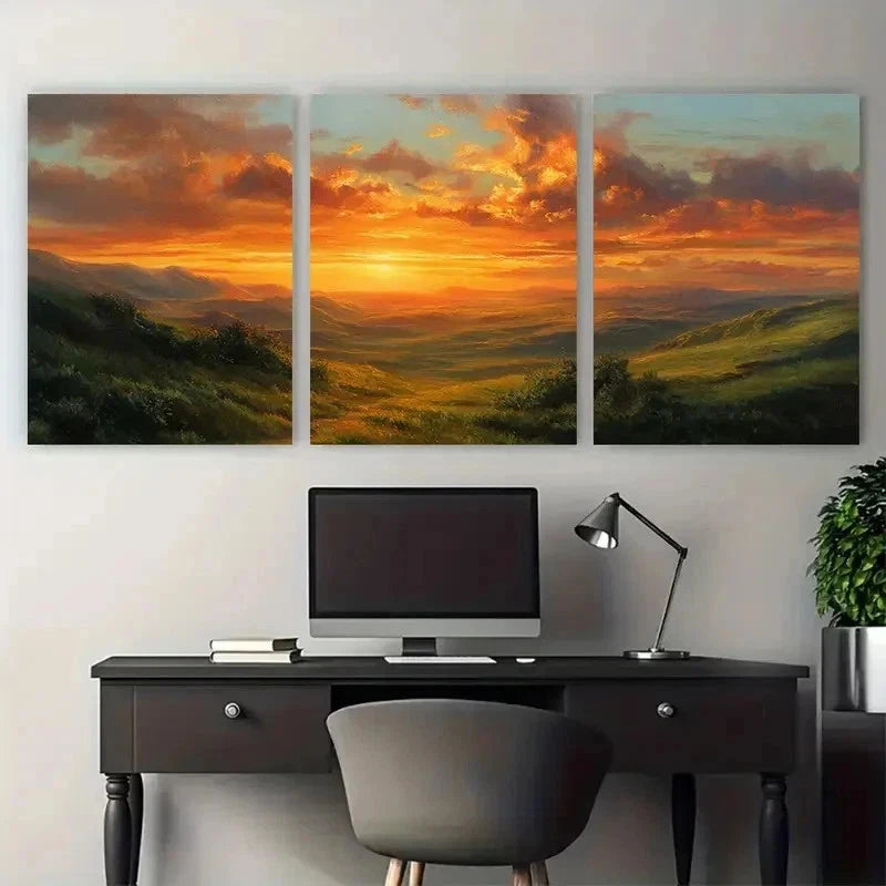 3pcs Golden Sunset Over Rolling Hills Perfect Wall Art Canvas Framed 60x90cm
