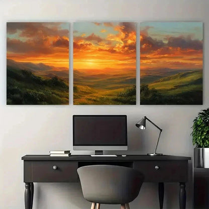 3pcs Golden Sunset Over Rolling Hills Perfect Wall Art Canvas Framed 60x90cm