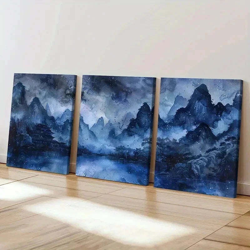 3pcs Bluish Chinese Traditional Landscape Wall Art Set Canvas Framed 40x60cm - High Quality Print 100% Australian Made Wall Canvas Ready to Hang