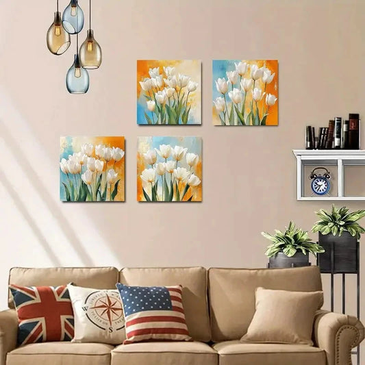 4pcs  Elegant White Tulip Art Deco Wall Art Canvas Framed