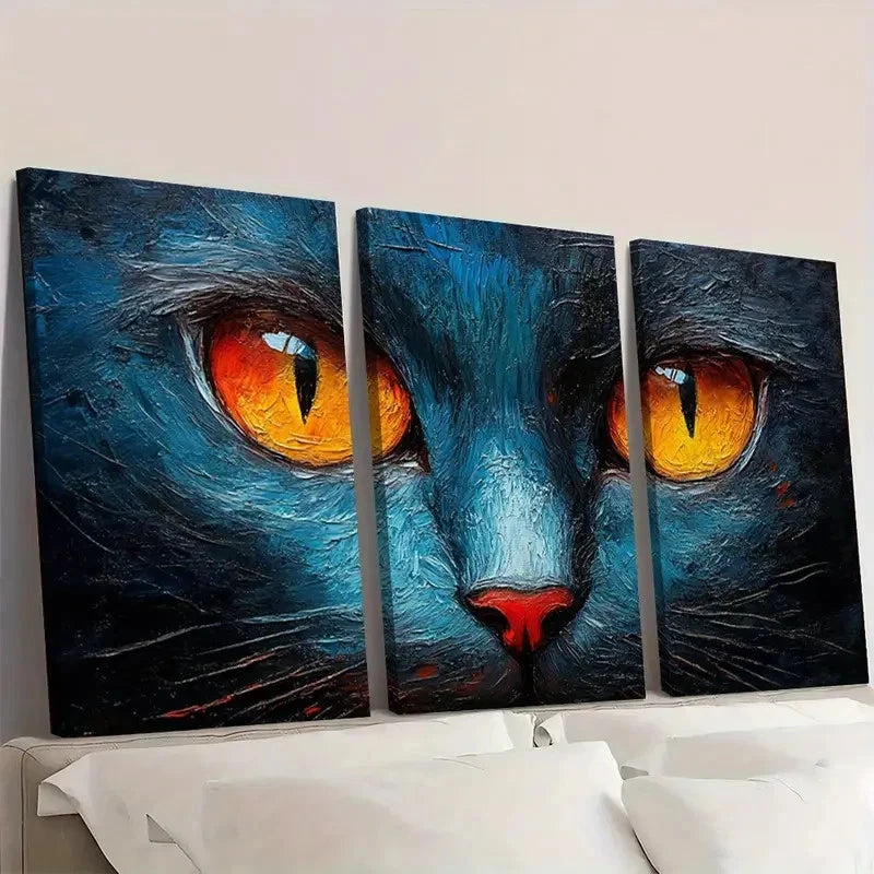 3pcs Abstract Cats Painting Orange Eyes Wall Art Set Canvas Framed 60x90cm - High Quality Print 100% Australian Made Wall Canvas Ready to Hang