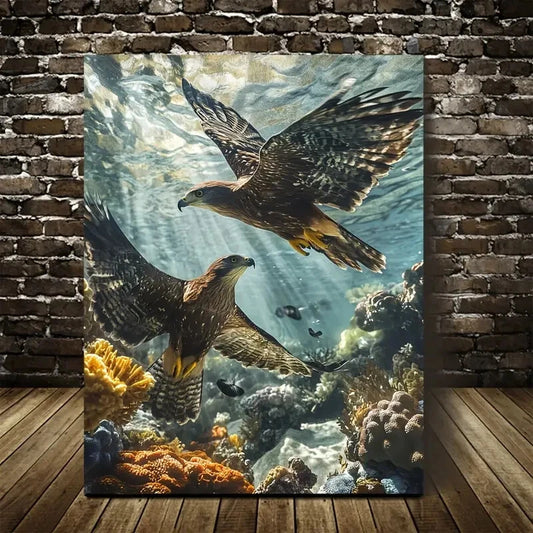 Hawk Chasing Each Other Underwater Coral Reef 40x60cm Metal Print Ready to Hang