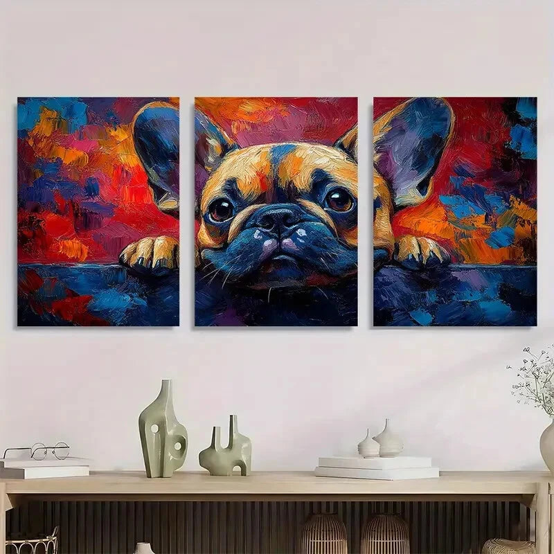 3pcs French Bulldog Palette Knife Painting Metal Print Ready to Hang Art