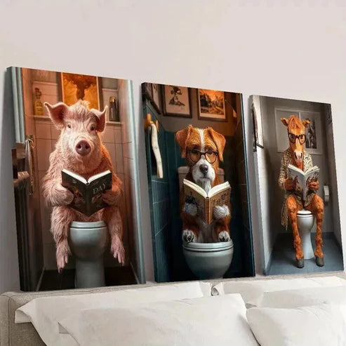 3pcs Funny Pig Dog & Horse in Bathroom Wall Art Canvas Unframed - High Quality Print 100% Australian Made Wall Canvas