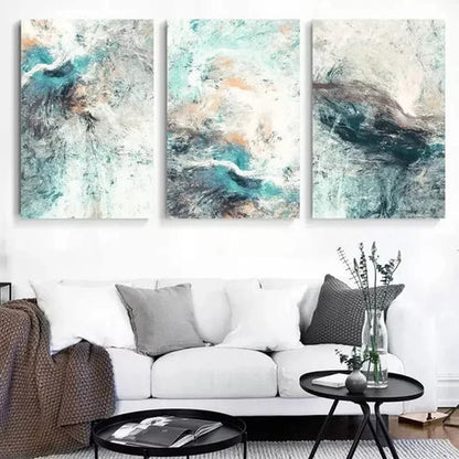 3pcs Abstract Painting Of Vibrant Cyan Colors Framed 60x90cm - High Quality Print 100% Australian Made Wall Canvas Ready to Hang