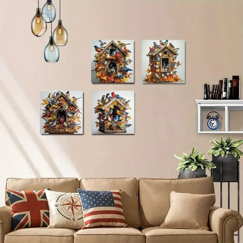 4pcs Autumn Bird Foliage Wall Art Canvas Framed