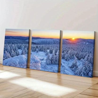 3pcs Snowy Landscape with Sunset Reflection Wall Art Set Canvas Framed 40x60cm - High Quality Print 100% Australian Made Wall Canvas Ready to Hang