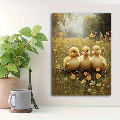 Beautiful Yellow Ducklings In Meadow Painting 40x60cm Metal Print Ready to Hang