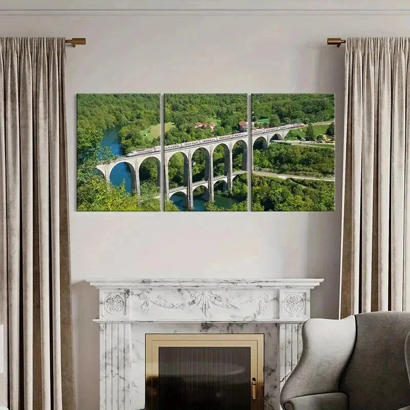 3pcs Big Bridge Over a River and Train Wall Art Set Canvas Framed 40x60cm - High Quality Print 100% Australian Made Wall Canvas Ready to Hang
