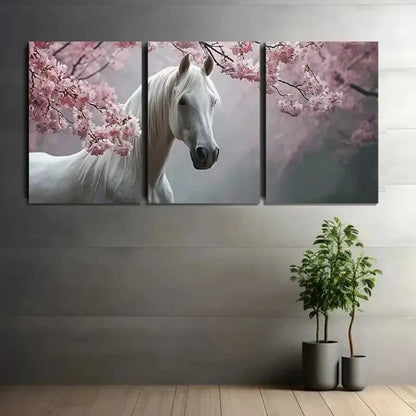 3pcs Cherry Blossom Tree with Petals White Horse Metal Print Ready to Hang Art