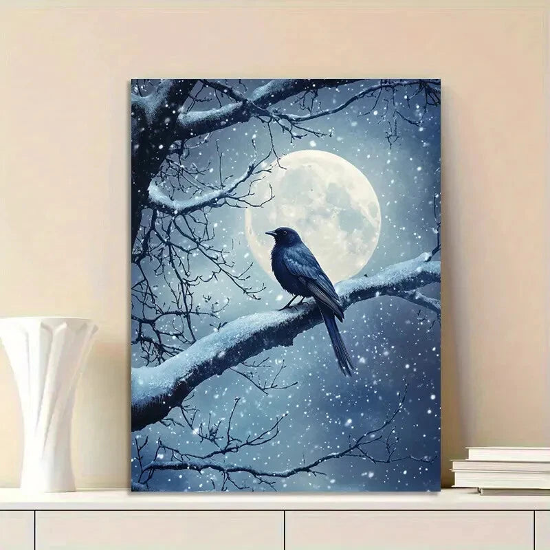 Moonlit Night Bird On Old Tree Painting  40x60cm Metal Print Ready to Hang