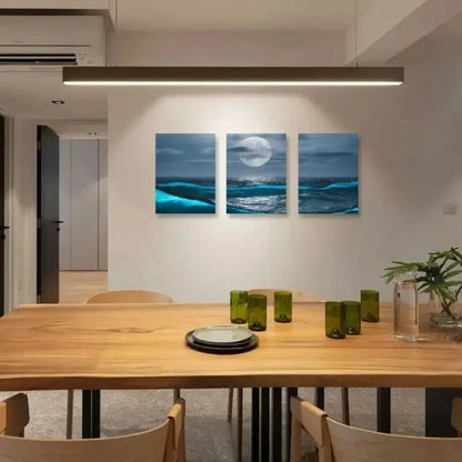3pcs Moonlit Ocean Waves Full Moon Metal Print Ready to Hang Art