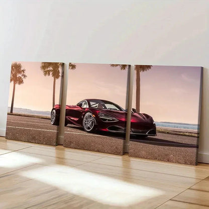 3pcs Red Colored Sports Racing Car Wall Art Set Canvas Framed 60x90cm - High Quality Print 100% Australian Made Wall Canvas Ready to Hang