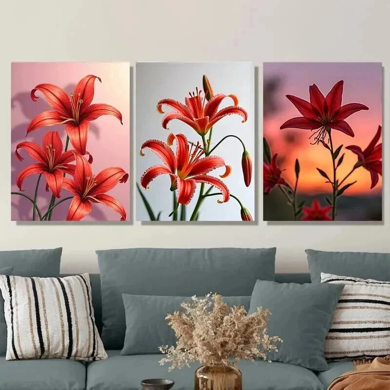 3pcs Red Lily Flower Vibrant Floral Orange Wall Art Set Canvas Framed 50x70cm - High Quality Print 100% Australian Made Wall Canvas Ready to Hang
