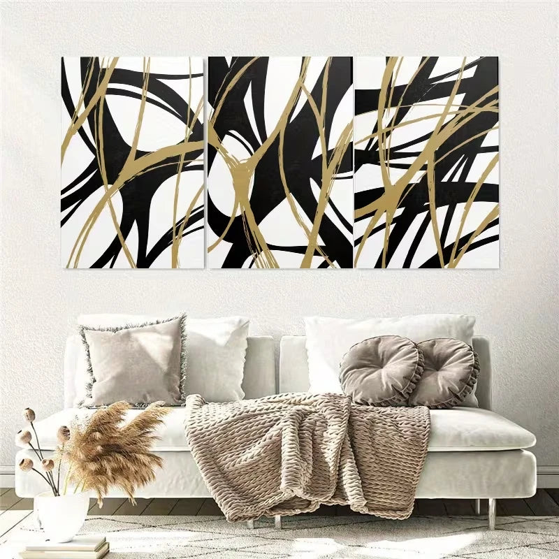 3pcs Abstract black and Golden line Wall Art Set Canvas Framed 40x60cm - High Quality Print 100% Australian Made Wall Canvas Ready to Hang