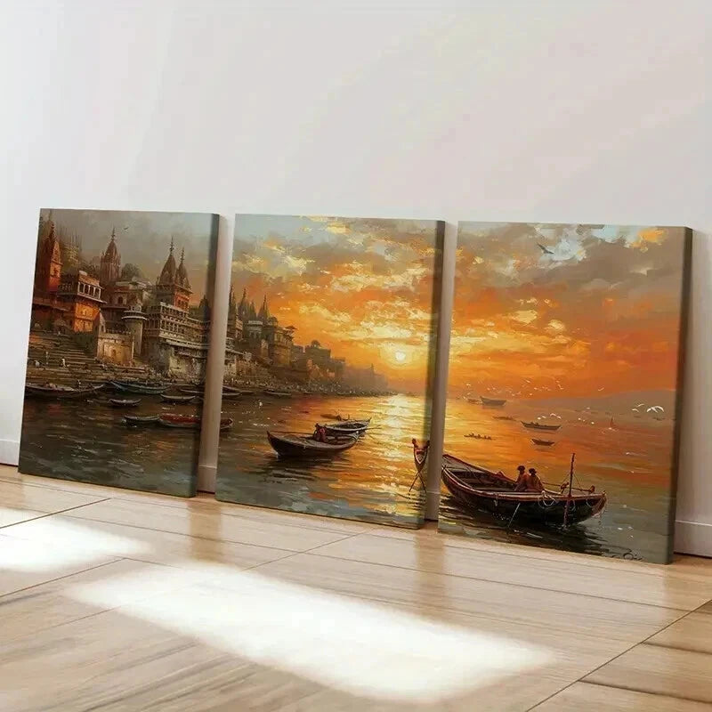 3pcs Sunset Cityscape with Golden Sky Reflection Wall Art Set Canvas Framed 60x90cm - High Quality Print 100% Australian Made Wall Canvas Ready to Hang