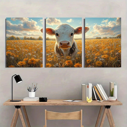 3pcs Adorable Cow Serene Sunset Meadow Metal Print Ready to Hang Art