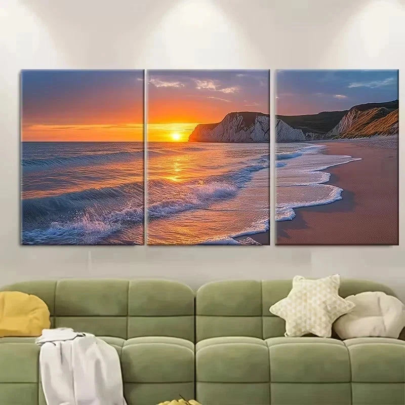 3pcs Sunset at Hengistbury Head Beach Wall Art Set Canvas Framed 60x90cm - High Quality Print 100% Australian Made Wall Canvas Ready to Hang