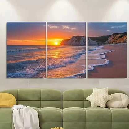 3pcs Sunset at Hengistbury Head Beach Wall Art Set Canvas Framed 60x90cm - High Quality Print 100% Australian Made Wall Canvas Ready to Hang
