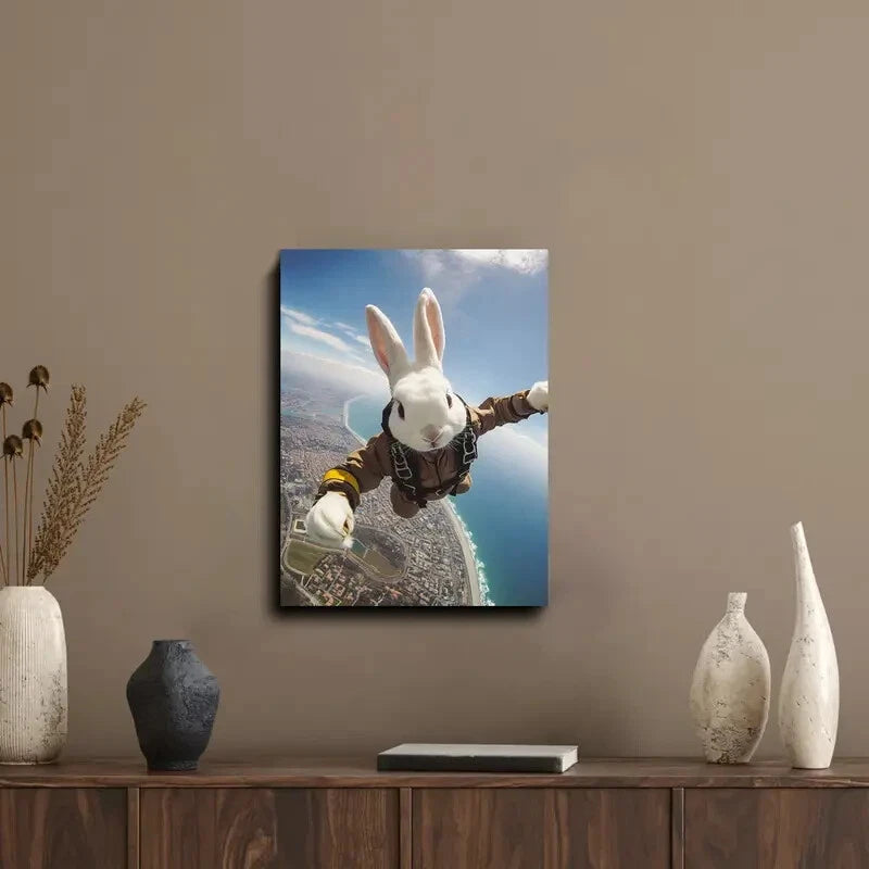 White Rabbit Skydiving Painting  40x60cm Metal Print Ready to Hang