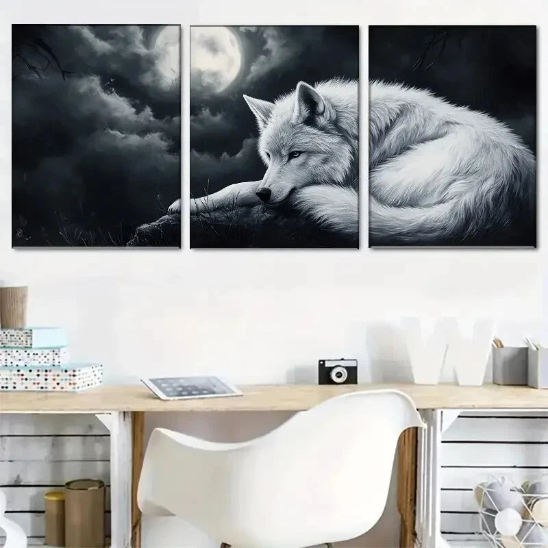 3pcs Moonlit Wolf Night Sky & Full Moon Design Metal Print Ready to Hang Art