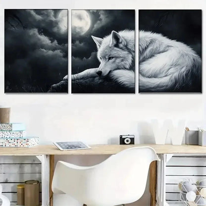3pcs Moonlit Wolf Night Sky & Full Moon Design Metal Print Ready to Hang Art