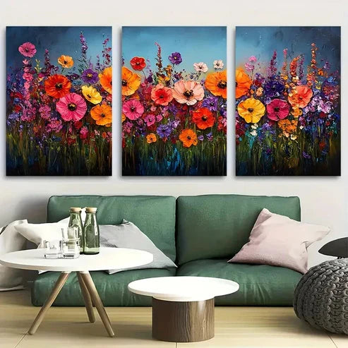 3pcs Colorful Field of Blooming Flowers Perfect Wall Art Set Canvas Unframed - High Quality Print 100% Australian Made Wall Canvas