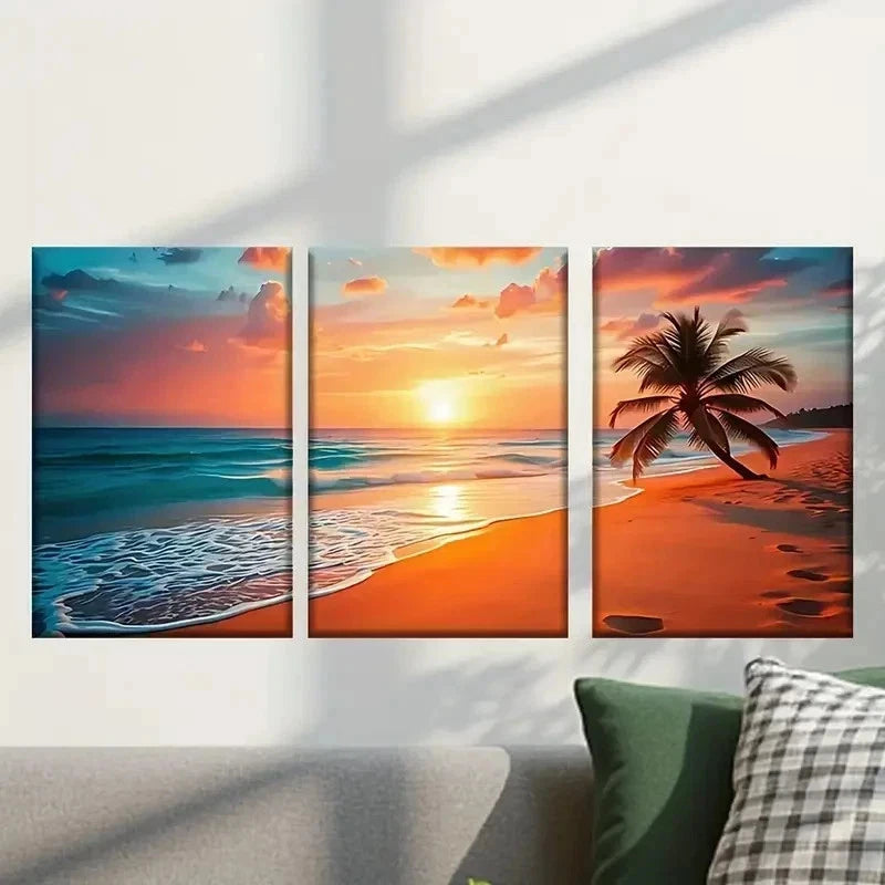 3pcs Beach with Palm Trees at Sunset Wall Art Set Canvas Framed 40x60cm - High Quality Print 100% Australian Made Wall Canvas Ready to Hang