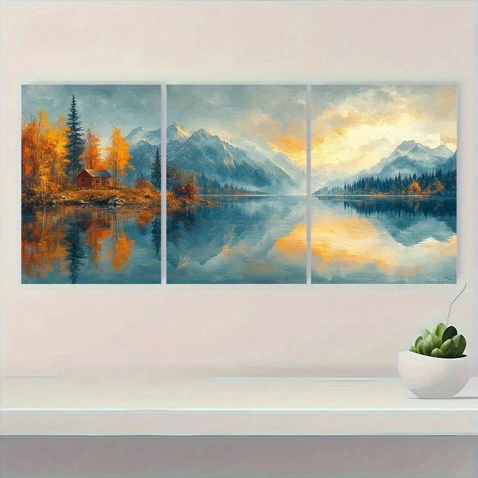 3pcs Scenic Lake Travel Painting Metal Print Ready to Hang Art
