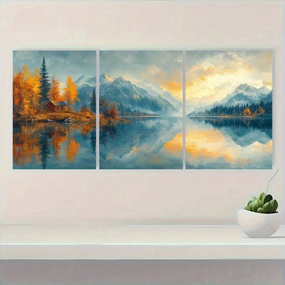 3pcs Scenic Lake Travel Painting Metal Print Ready to Hang Art