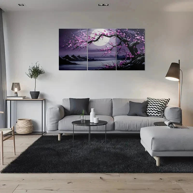 3pcs Cherry Blossom Moonlit Vibrant Pink Metal Print Ready to Hang Art