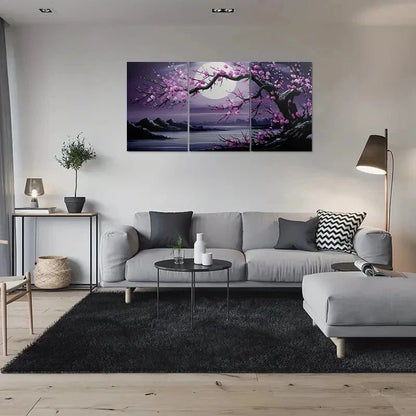 3pcs Cherry Blossom Moonlit Vibrant Pink Metal Print Ready to Hang Art