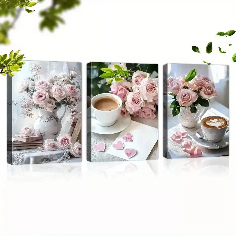 3pc Charming Pink Rose Coffee on a table  Wall Art Set Canvas Framed 50x70cm - High Quality Print 100% Australian Made Wall Canvas Ready to Hang - Bella Home Decor