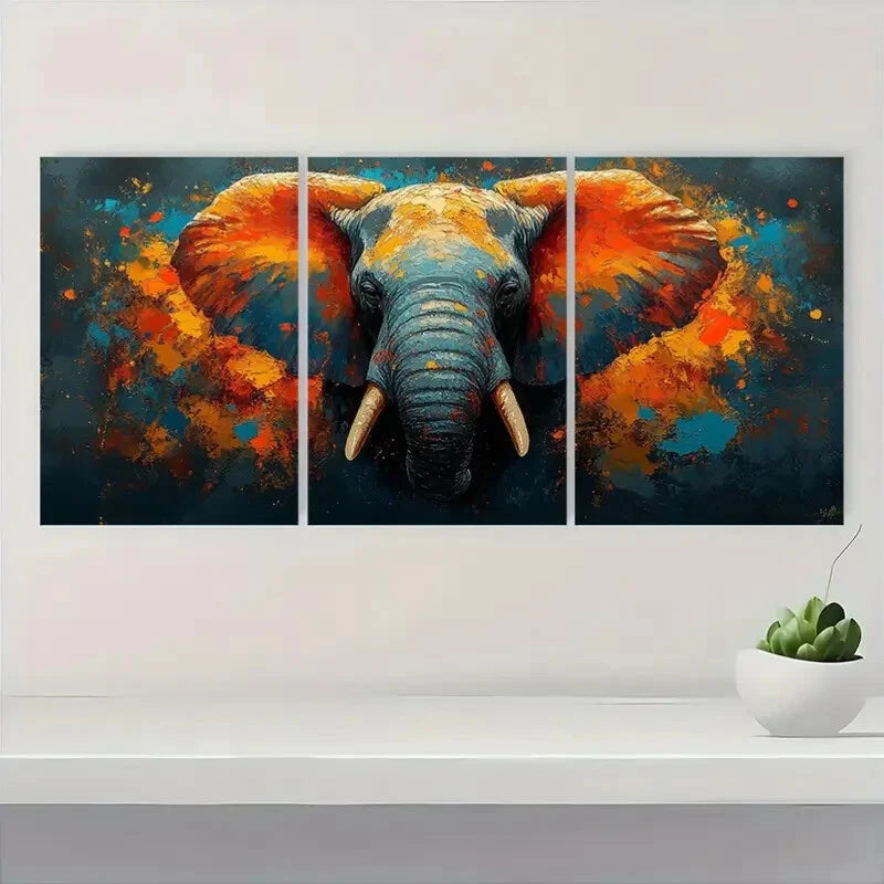 3pcs Vibrant Elephant Abstract Colorful Metal Print Ready to Hang Art