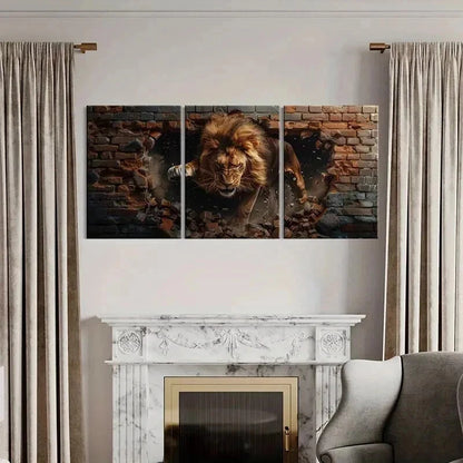3pcs Majestic Lion Destroying Bricks Wall Art Set Canvas Framed 40x60cm - High Quality Print 100% Australian Made Wall Canvas Ready to Hang