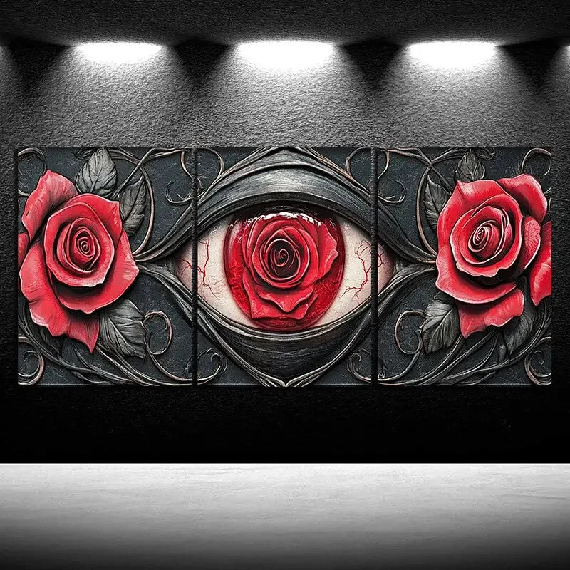 3pcs Eyes And Red Elegant Roses Metal Print Ready to Hang Art