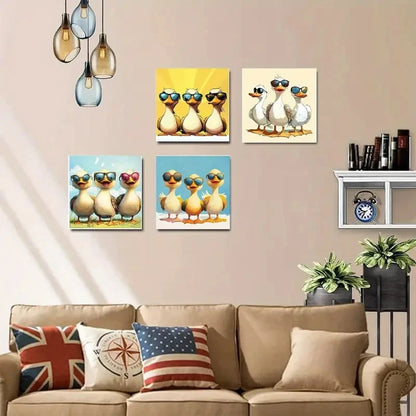 4pcs Three Funny Ducks in Glasses Wall Art Canvas Framed