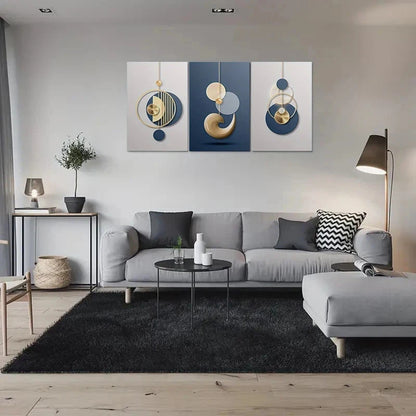3pcs Modern Abstract Geometric Golden & Blue Metal Print Ready to Hang Art