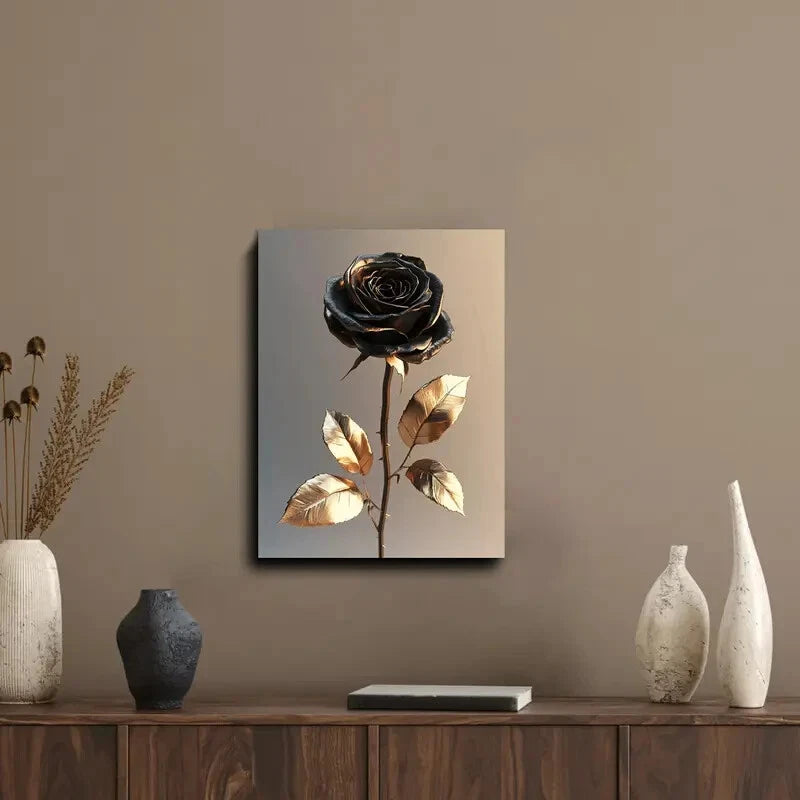 Elegant Black Rose with Golden Leaves Painting 40x60cm Metal Print Ready to Hang