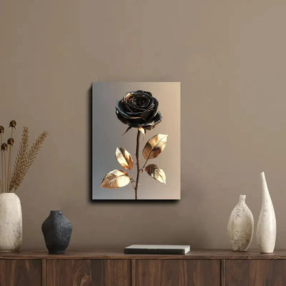 Elegant Black Rose with Golden Leaves Painting 40x60cm Metal Print Ready to Hang