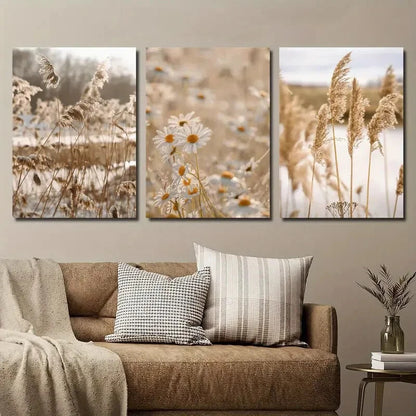 3pcs Botanical Daisy Wildflower Reed Perfect Wall Art Set Canvas Framed 40x60cm - High Quality Print 100% Australian Made Wall Canvas Ready to Hang
