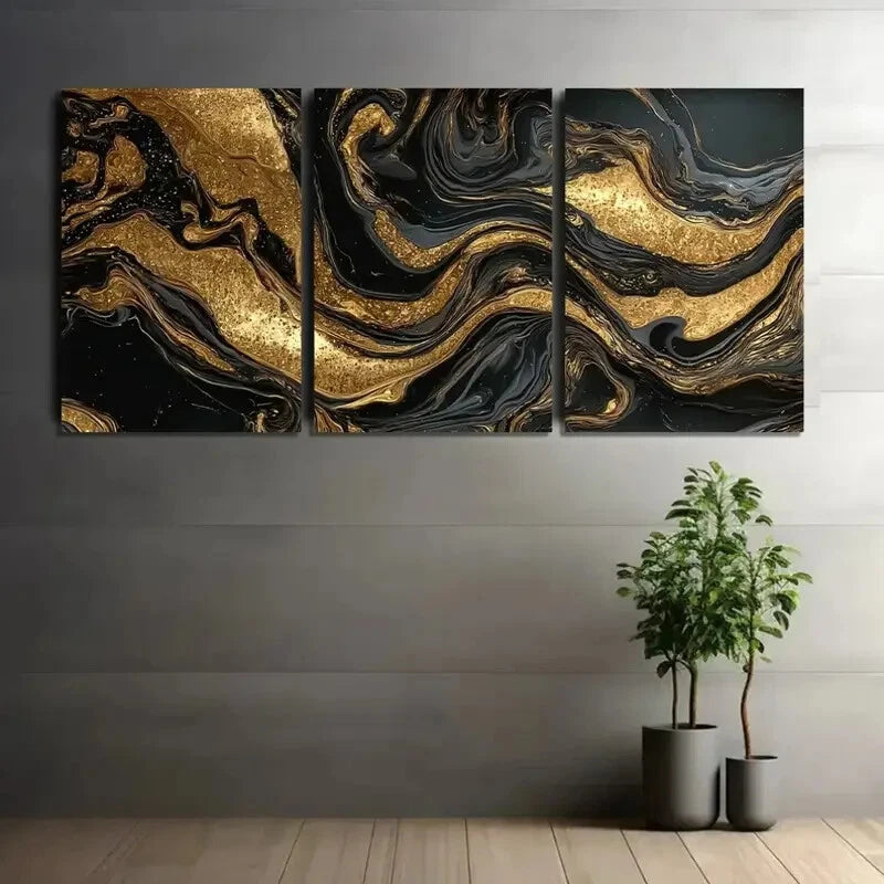 3pcs Black and Golden Marble Pattern Swirls Metal Print Ready to Hang Art