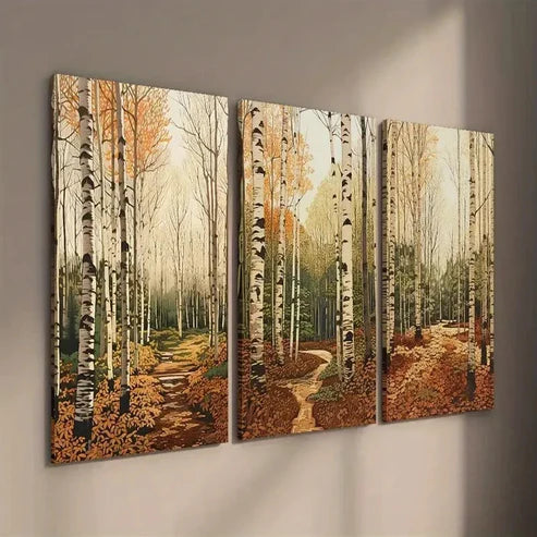 3pcs Autumnal Birch Trees & Fall Foliage Wall Art Set Canvas Unframed - High Quality Print 100% Australian Made Wall Canvas