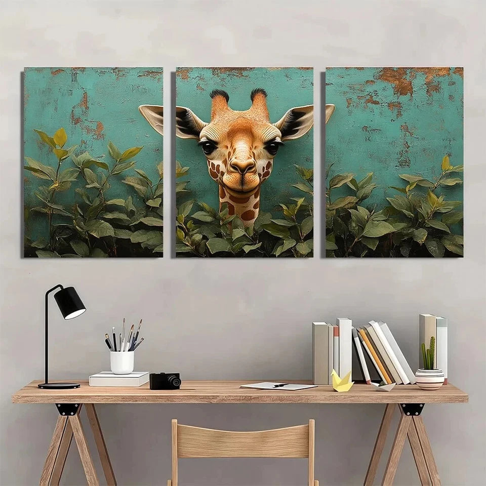 3pcs Whimsical Bubble Gum Giraffe Metal Print Ready to Hang Art