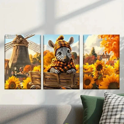 3pcs Zebra in a Wagon with Sunflowers Wall Art Set Canvas Framed 40x60cm - High Quality Print 100% Australian Made Wall Canvas Ready to Hang
