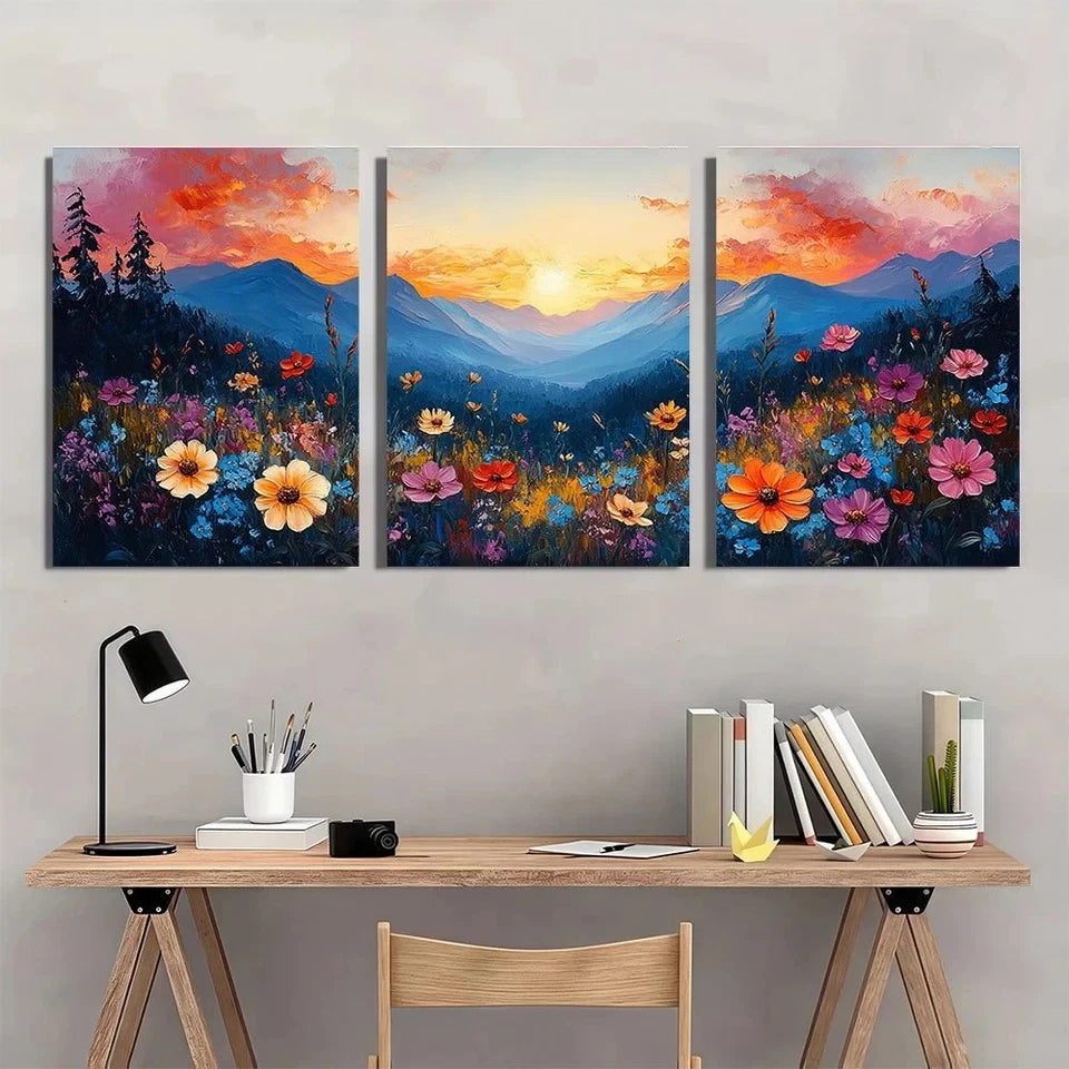 3pcs Romantic Wildflower Meadow Sunset Wall Art Set Canvas Framed 50x70cm - High Quality Print 100% Australian Made Wall Canvas Ready to Hang